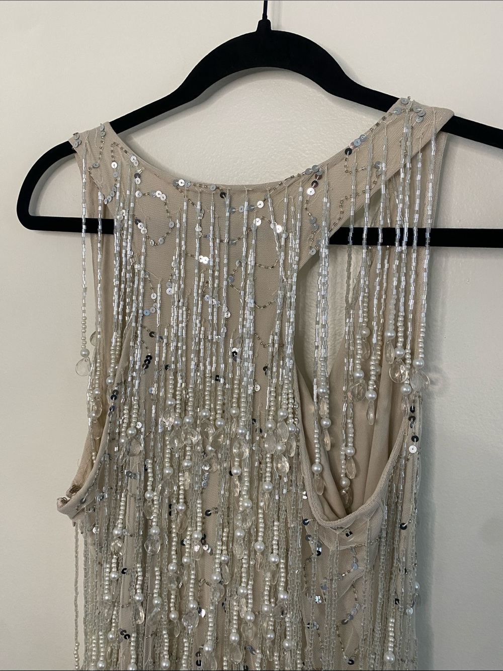 Nasty Gal NWT Tear Drop Tassel Plunge Mini Dress Beaded Nude Size 8 - Picture 8 of 11